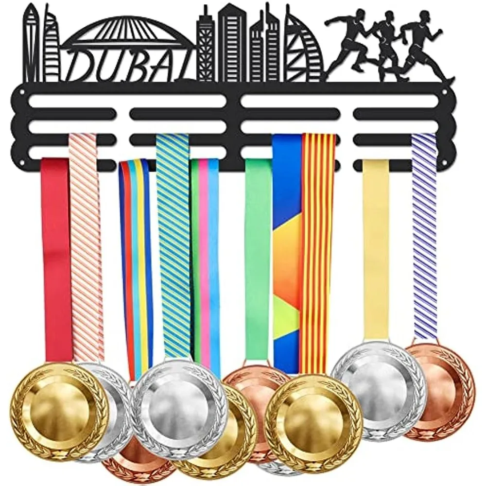 

Metal Hook Run Dubai Cityscape Hanger Rack Frame for Over 60 Medals Running Metal Medal Hanger and Ribbon Display Holder Rack