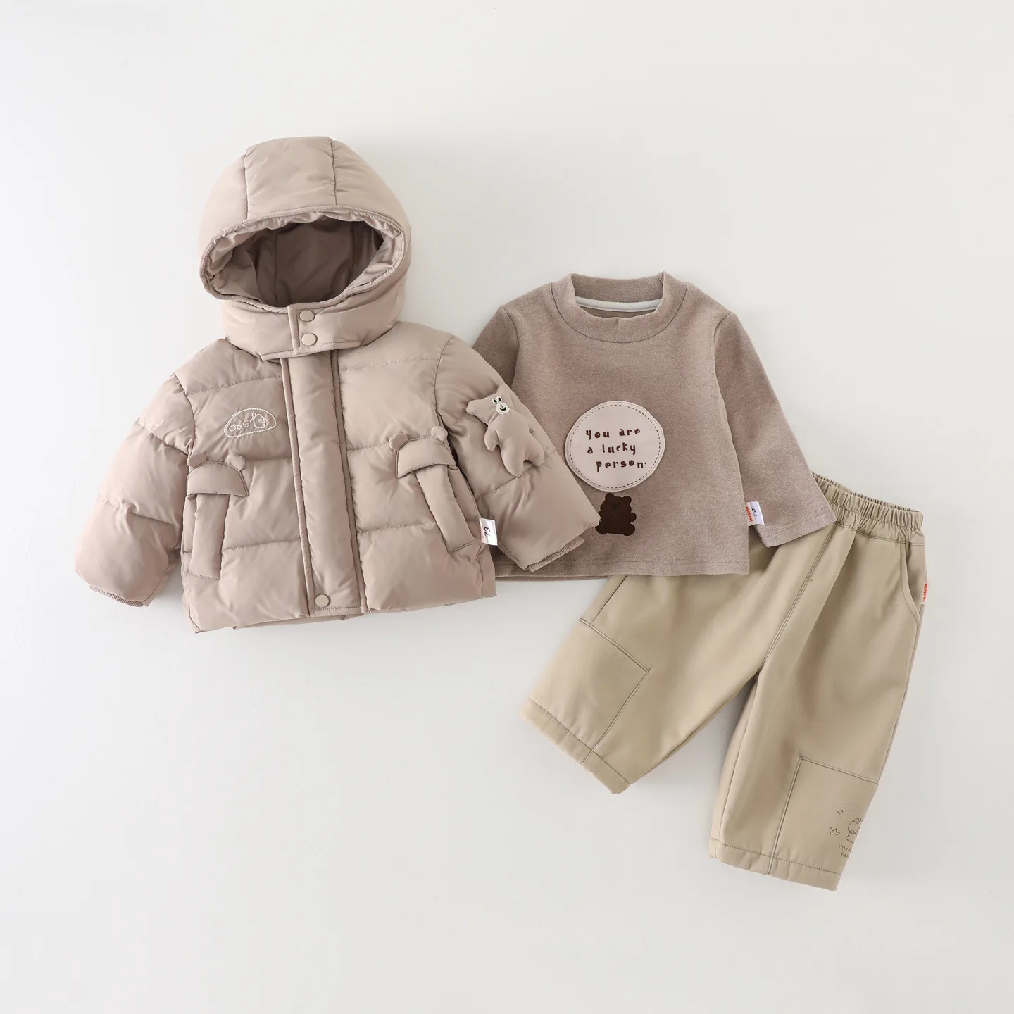 Men's Baby Winter Clothes Long Sleeved Warm Parkas and Pure Cotton Tops and Elastic Waist Pants Three Piece Set