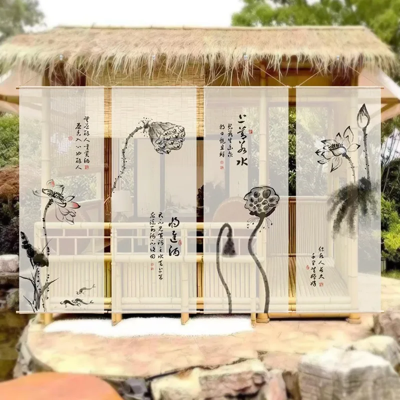 Chinese Lotus Ink Wash Painting Semi‑Sheer Gauze Hanging Curtain Decorative Background Cloth For Tea House Courtyard Hut Decor