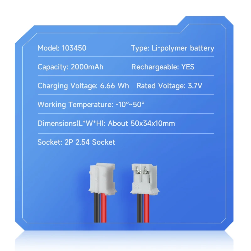 103450 3.7V 2000mAh Polymer Lithium Rechargeable Battery for Camera GPS navigator MP5 Bluetooth Headset  jst PH 2.0mm 2pin plug