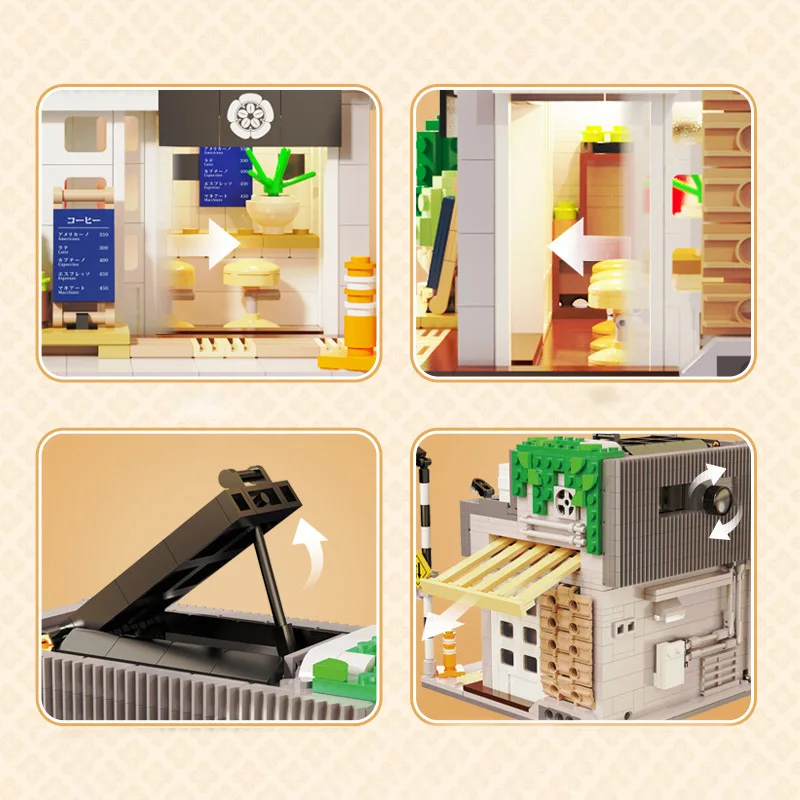 Creative Japanese Summer Breeze Coffee Shop Model Modular Street view Series Adultes DIY Toys Building Blocks USB light Boy Gift