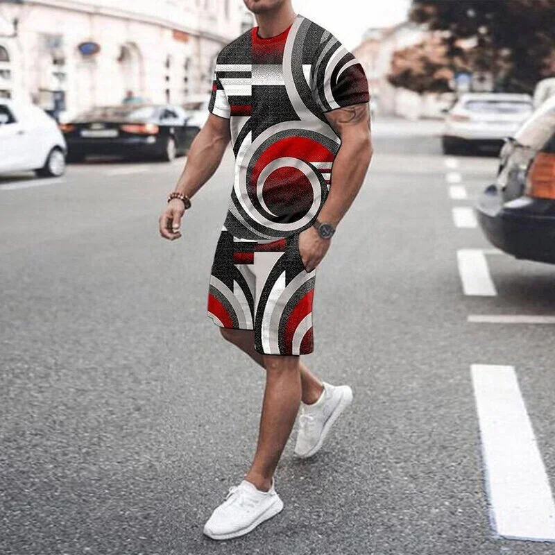 New summer men's casual fashion comfortable sports suit 2-piece street wear simple pattern round neck short sleeve with short