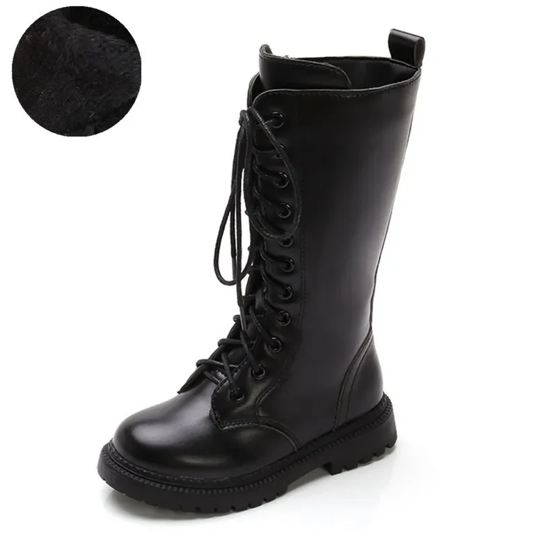 Girls Long Boots Black Fashion Children Motorcycle Boots Classic Kids Rubber High Warm Princess Boots 2024 Autumn Winter New