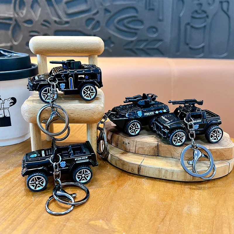 Creative Military Police Car Toy Keychain Pendant Simulation Tank Car Fun Pull Back Car Stress Relief Toy Bag Hanging Small Gift