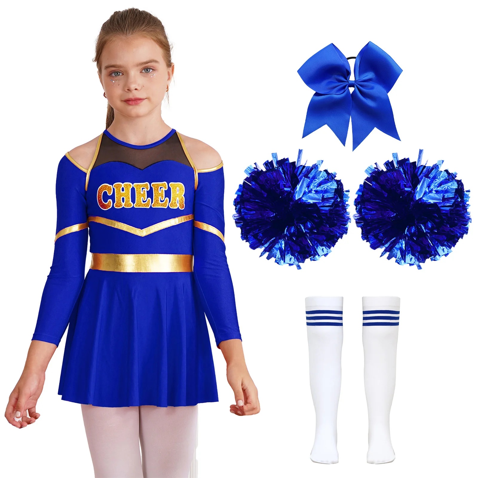 

Girls Cheerleading Performance Costume Cheer Dance Wear Schoolgirls Uniform Outfits Long Sleeve Dress with Pom Poms Stocks Suit