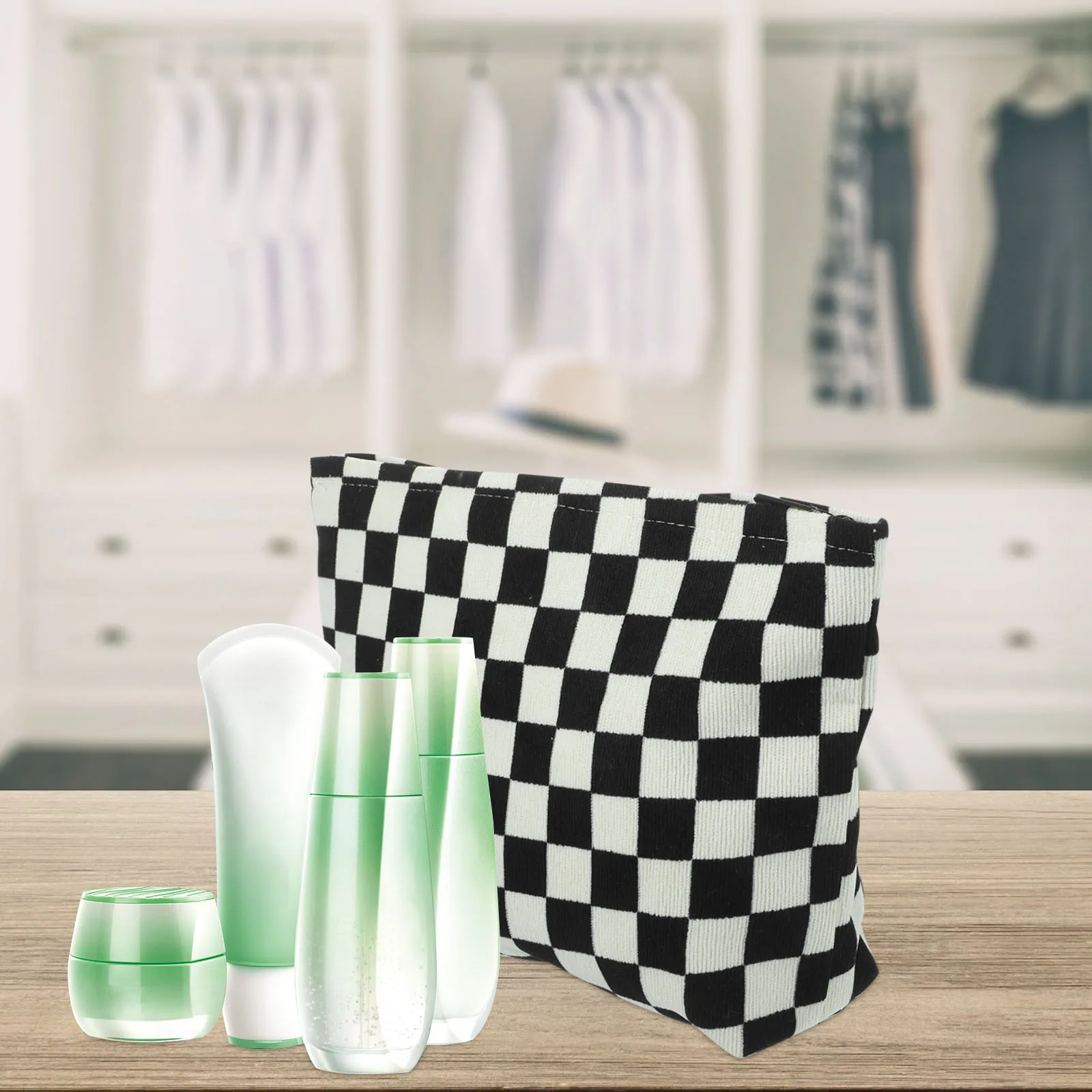 

Bag Checkerboard Corduroy Portable Toiletries Storage Wallet Black White Purses Travel Makeup Pouch Personal Wash Bag H