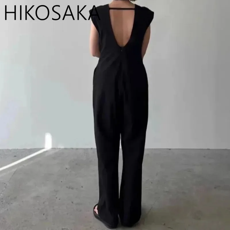 

O-neck Backless Fashion Elegant Jumpsuits Women Pleated Slim Waist Casual Wide Leg Trousers 2024 Spring Summer Japan Romper