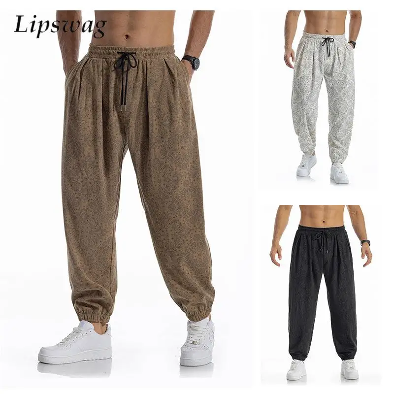 Daily Outdoor Print Pattern Corduroy Pants Mens 2026 Autumn Warm Streetwear Vintage Tie-up Loose Fit For Male Jogger Trousers