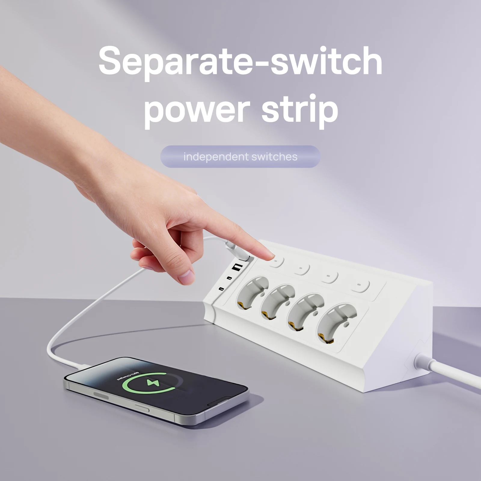EU desktop corner power strip, a power strip with multiple switches independently controlling the outlets, extension cord power