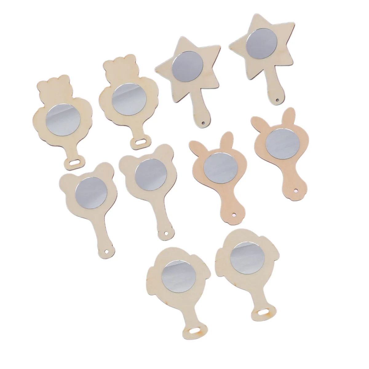 10Pcs Wooden Mini Mirror DIY Educational Handmade Graffiti Crafts Rabbit Cat Bear Penguin Star Patterns Wooden Mirror