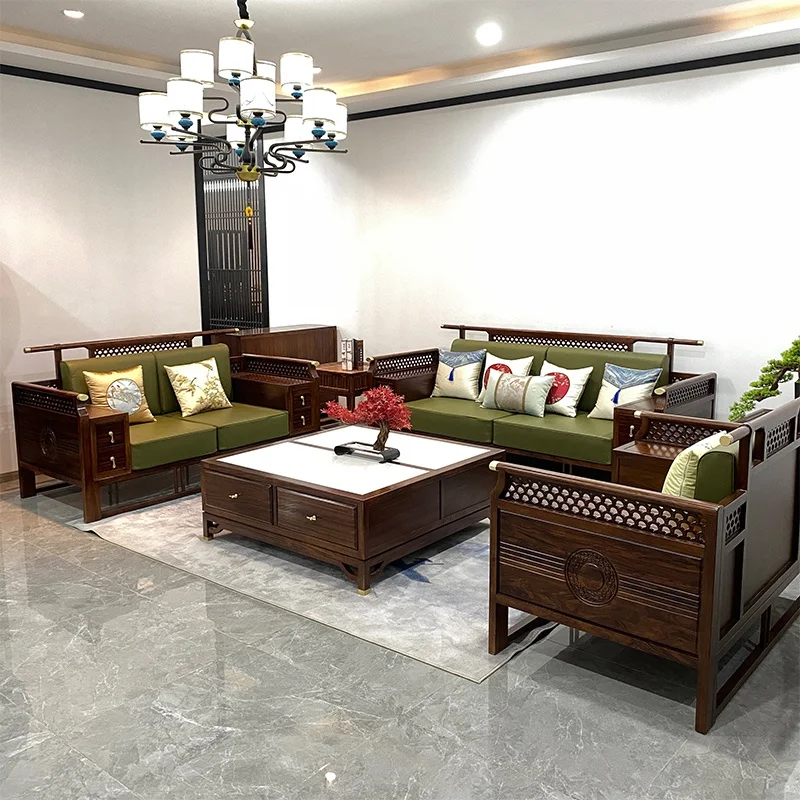 Customizable modern Zen furniture new Chinese solid wood sofa set large small apartment, featuring ebony leather sponge