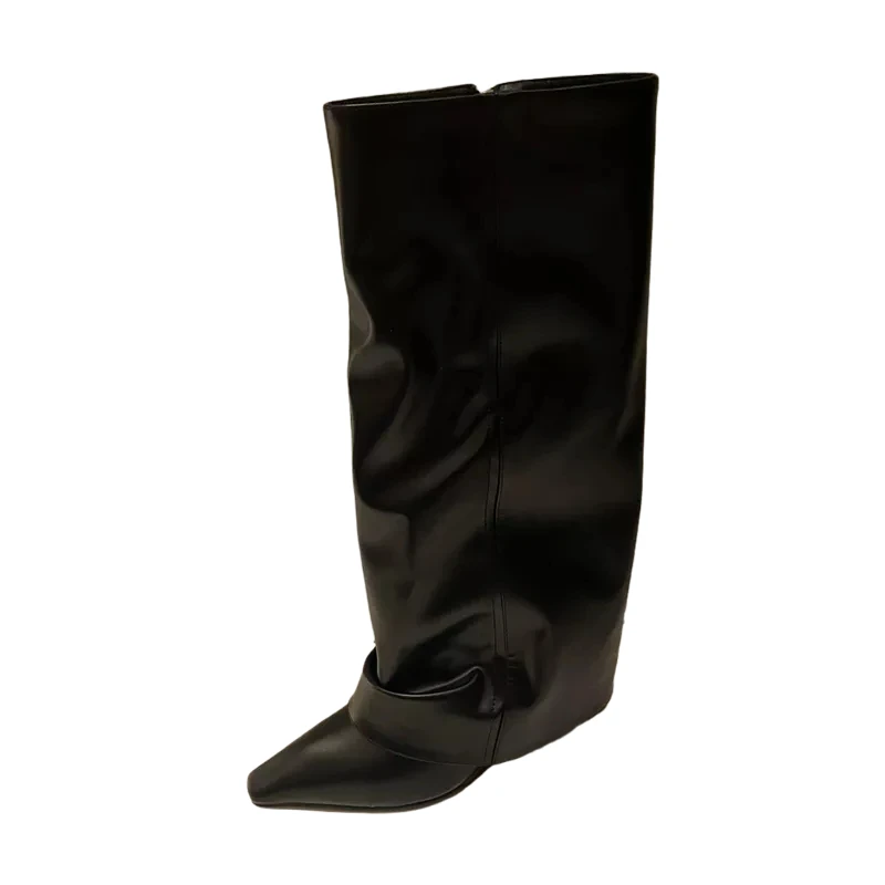 Black Boots Knee High Long Shoes Low Heels Pointed Toe Trouser Wedges Boots Fall Winter Punk Chunky Heeled Shoes