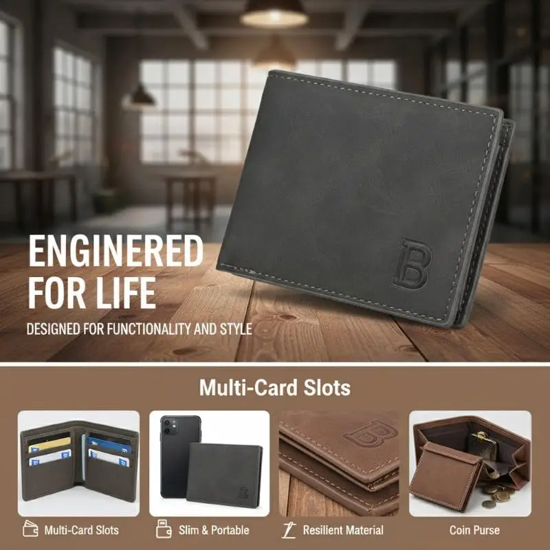 New Retro Men Short Wallet with Multiple Card Slots Coin Bag Men Leather Thin Wallet Purse