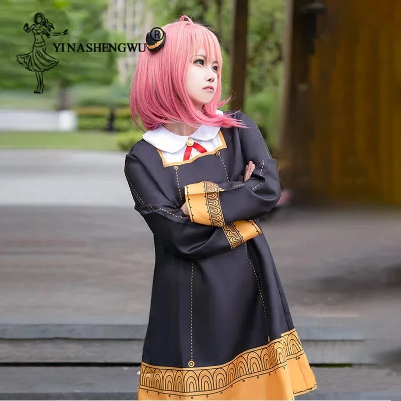 أنيا فورجر كوسبلاي أنيمي جاسوس فاميلي أنيا فورجر كوسبلاي زي فستان أسود زي لطيف للفتيات أنيا شعر مستعار للبالغين والأطفال في عيد الميلاد