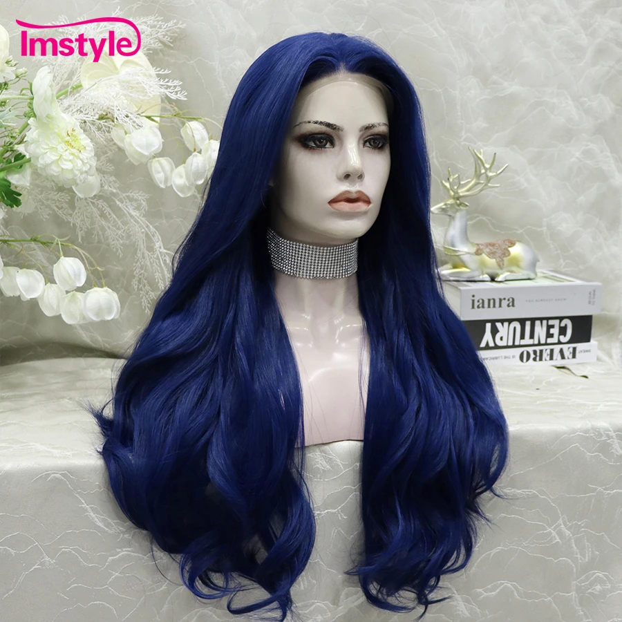 Imstyle-Perruque Lace Front Synthétique Bleue pour Femme, Perruques sulfOndulées, Ligne de Cheveux Naturelle, Degré de Chaleur, Cosplay