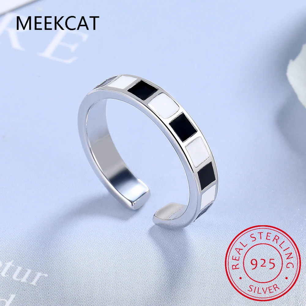 Real 925 Sterling Silver Rings Black White Glaze Checkers Opening Rings For Women Wedding Party Fine Jewelry DA2827