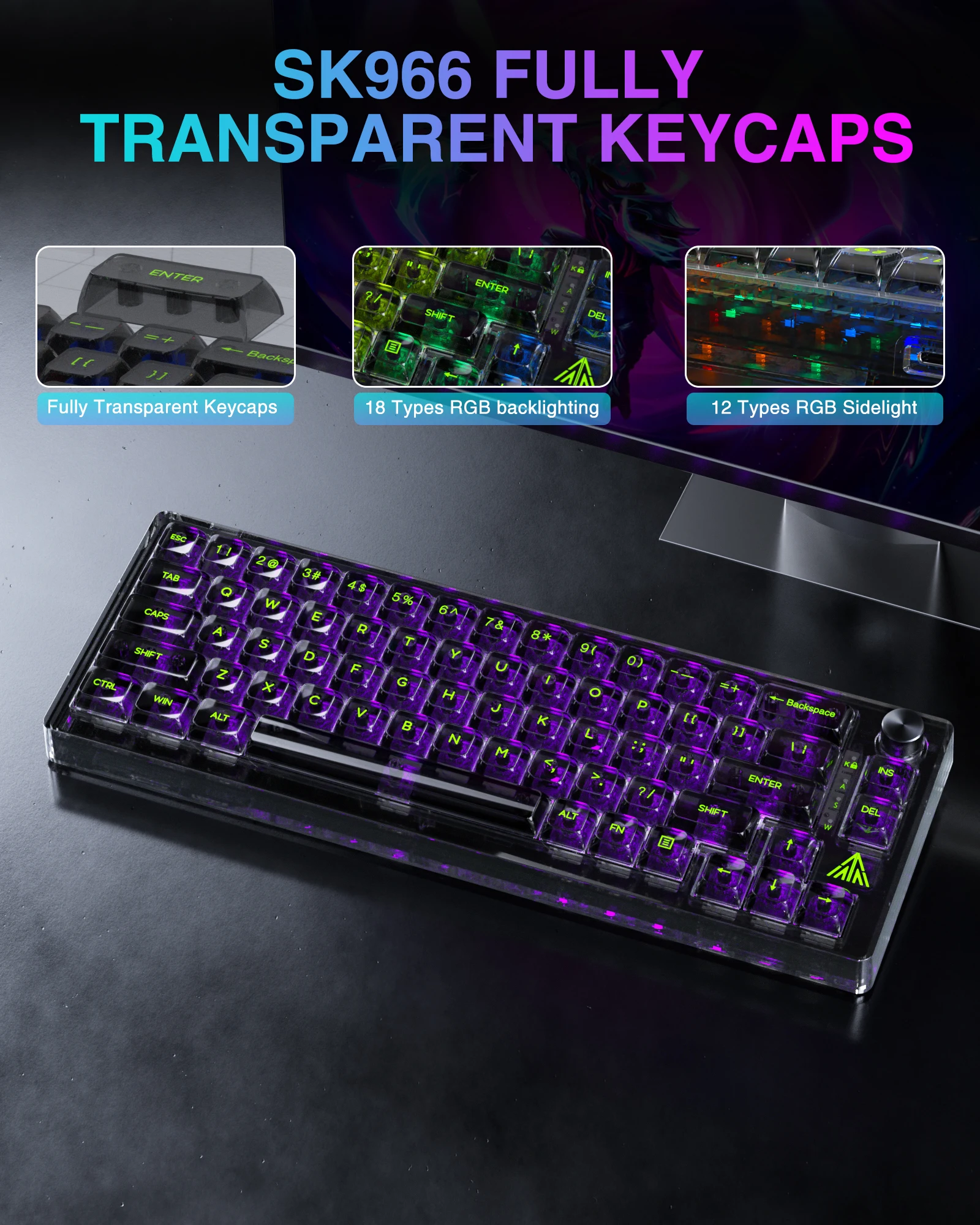 SOLAKAKA SK966 Wired Transparent Keyboard Hotswap Machanical Gaming Keyboard 65% Layout RGB Custom Macro Keyboard