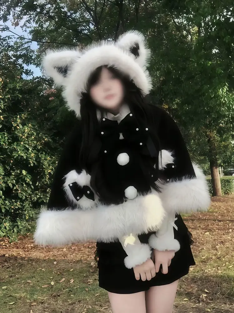 

MAGOGO Lolita plush cat-ear cape with black and white contrasting bow coat and half-length skirt set