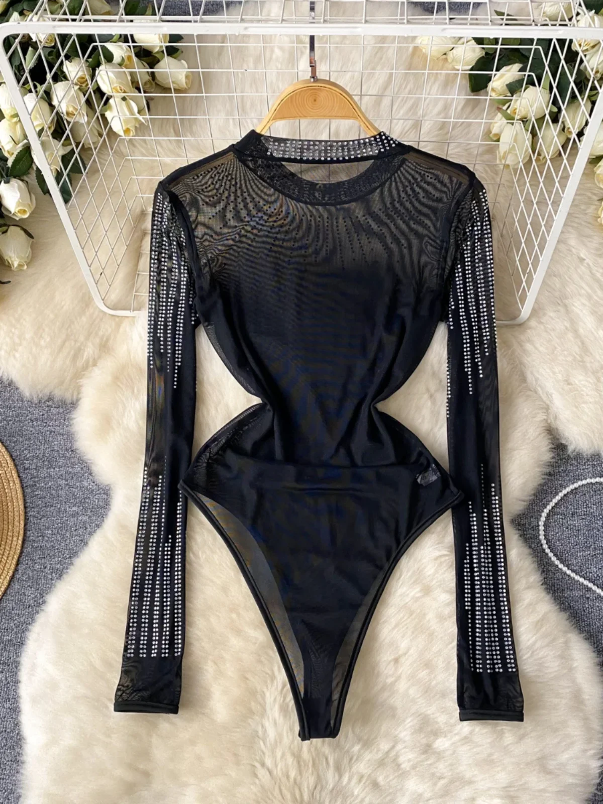 Foamlina Sexy See Through Mesh Rhinestone Black Bodysuits Women Fashion O Neck Long Sleeve Slim Night Out Clubwear Body Tops