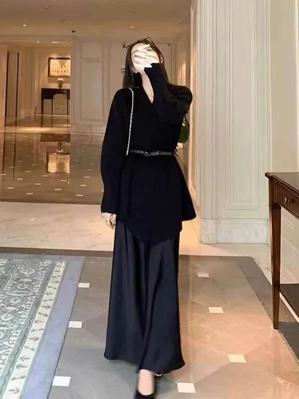 

plus Size Women's Knitwear Jacket Skirt Set Black Hepburn Style Spring Fashion Casual Long Sleeve Collared Two-Piece Suit
