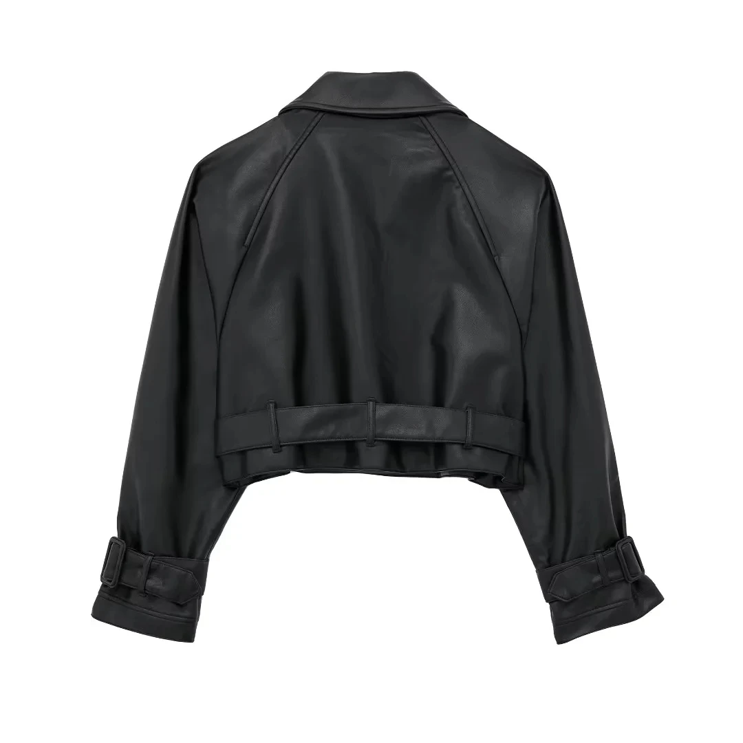 TRAF Cropped Black Jacket Woman Windbreaker Faux Leather Jacket Women Long Sleeve Trench Coat For Women Y2k Belt New In Jackets