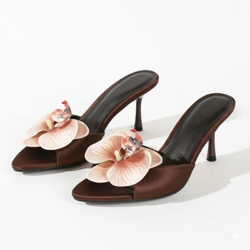 

Женские сабо на высоком каблуке с цветочным декором, тапочки на шпильке с острым открытым носком, элегантные сандалии для банкета и вечеринки для женщин, мода
