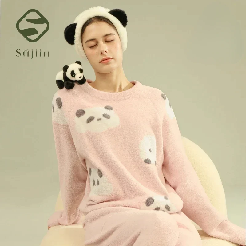 

SUJIIN Women's Cute Pajamas Sets Autumn Winter Panda Graphic Sleepwear for Women Men Couple Loungewear Suit Home Clothes SH001