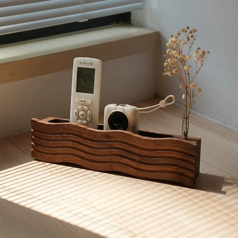 Black Walnut Desktop Display Shelf, Remote Control Organizer & Floral Vessel, Premium Texture Home Decor