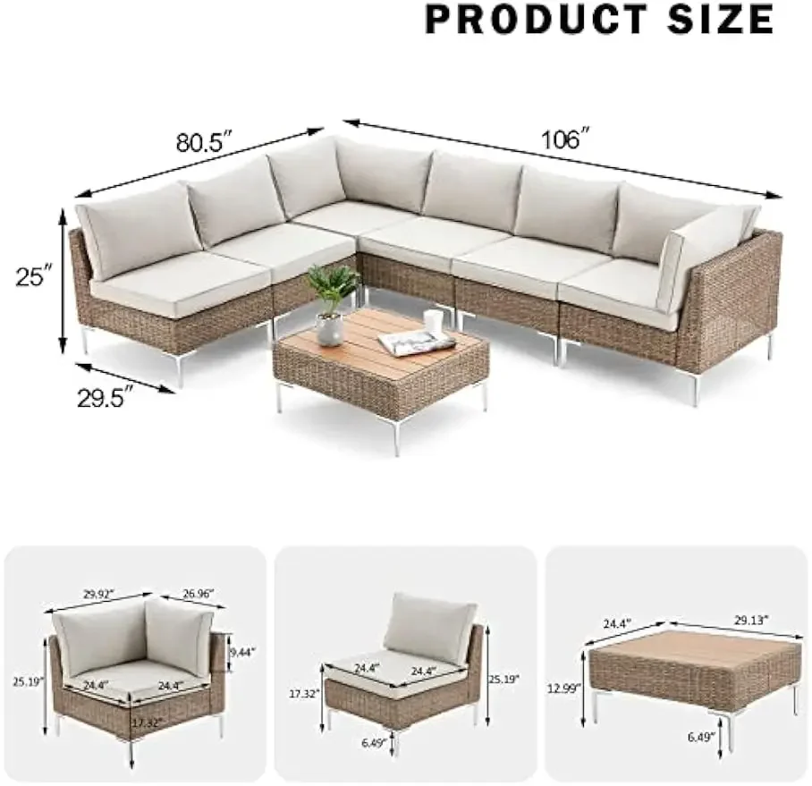 Conjunto de muebles de mimbre para Patio, sofá seccional para exteriores, conjunto de conversación, conjunto de muebles de mimbre medio redondo con cojín, 7 piezas