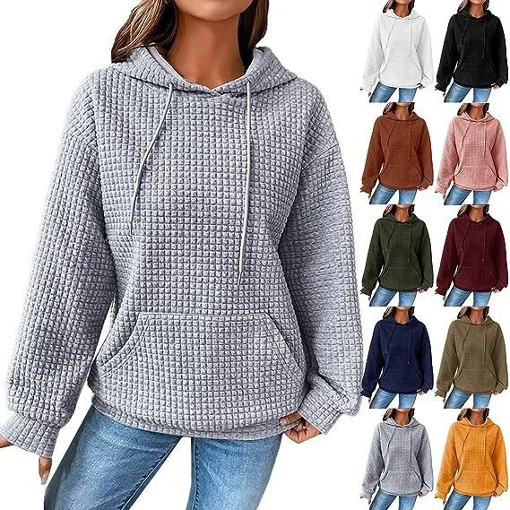 Women's hooded sweatshirt spring and autumn style waffle fashion beautiful solid color hooded drawstring loose sweatshirt