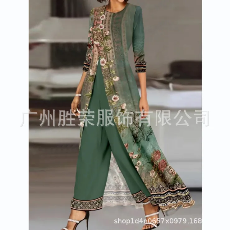 Women\'s Two-Piece Printed Long Sleeved Slit Dress&Long Pants Set for Spring/summer 2024