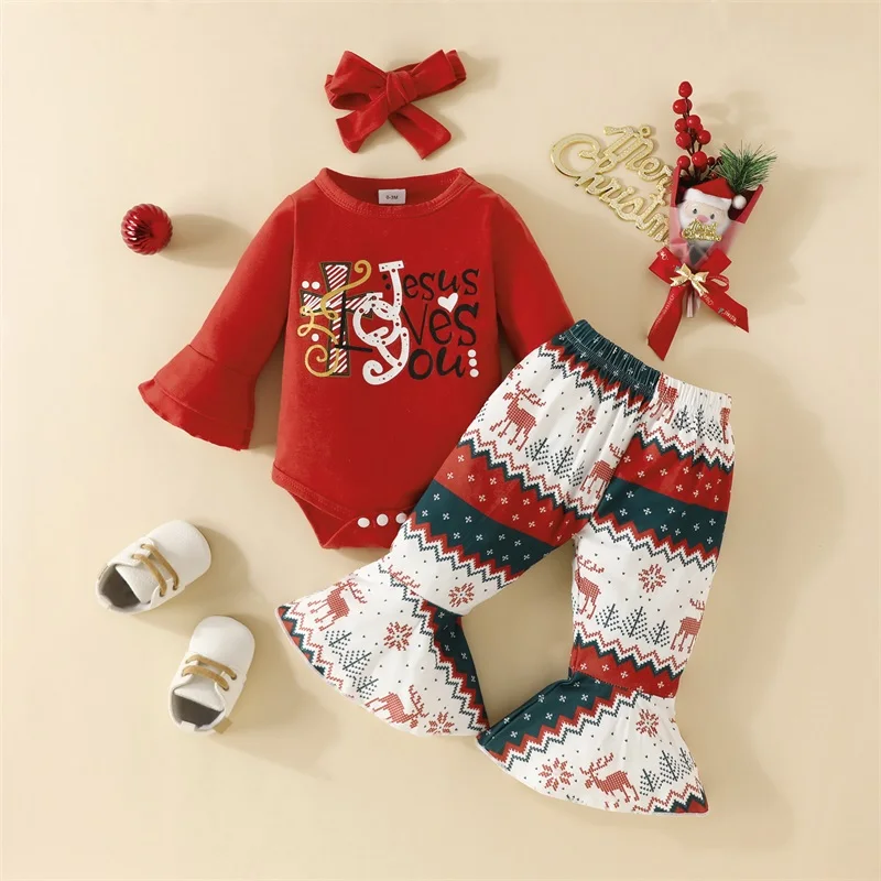 

Toddler Girl Winter Holiday Set Long Sleeve Romper Reindeer Print Flare Pants Bow Headband Christmas Outfit