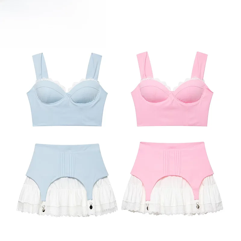 

Summer New ZR Women's Fashion Set with Splice Color Contrast Bridesmaid Short Skirt And Tube Top Two-Piece Polyester Fiber
