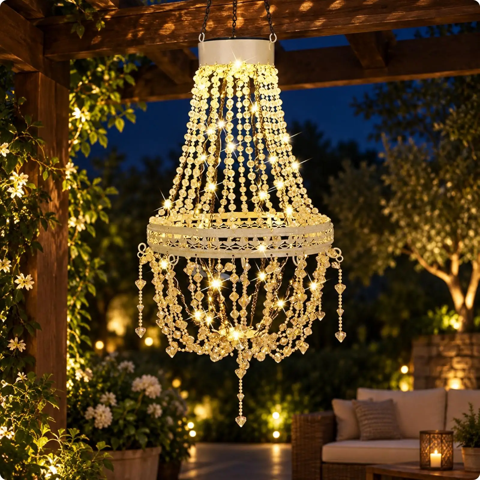 Acrylic Solar Hanging Lantern Decorative Pendant Chandelier with Beads for Outdoor Patio Yard Porch Lighting