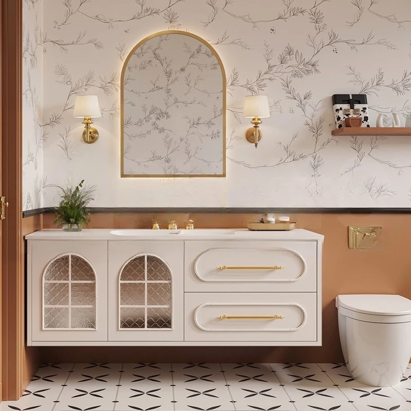 

French retro bathroom cabinet solid wood waterproof washstand ceramic integrated basin washstand