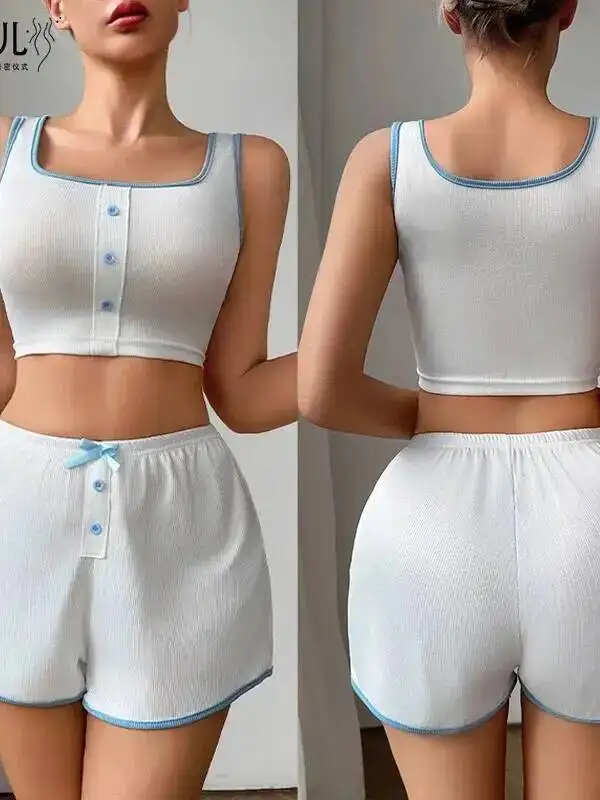 New Home Vest Women's Contrast Color Bow Button Casual Sling Top Shorts Pajamas Two-piece Sets Elegant Pure Desire Charming 5H3K