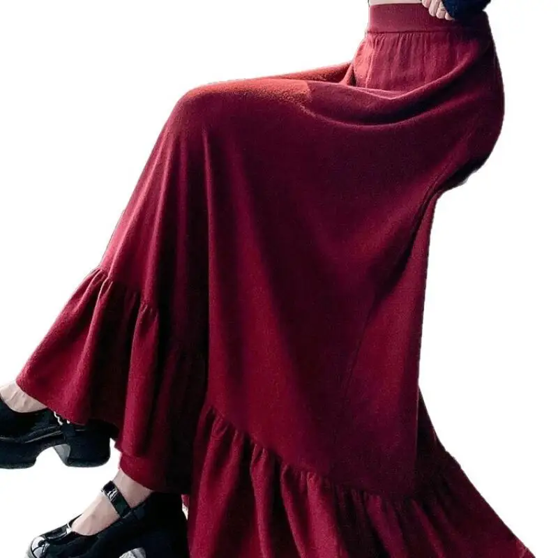 Saia longa de malha feminina outono inverno retro cintura alta versão coreana lazer idade reduzindo borda folha de lótus saia plissada