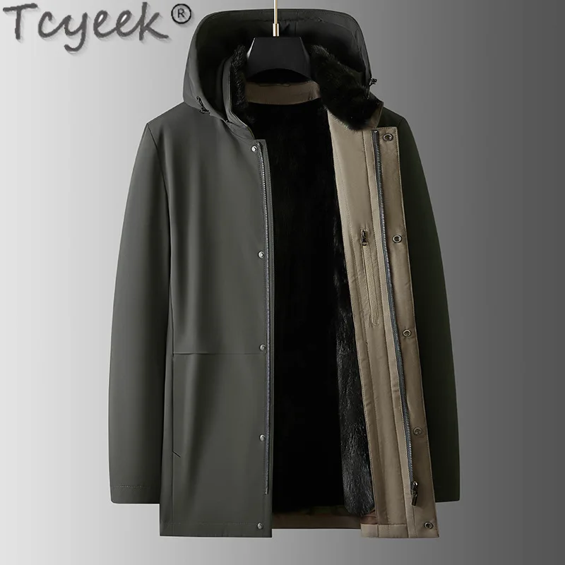 Tcyeek Real Mink Fur Coat Men Mid-long Winter Clothes Business Casual Men's Parka Warm Real Fur Coats Hooded 2025 Куртка Мужская