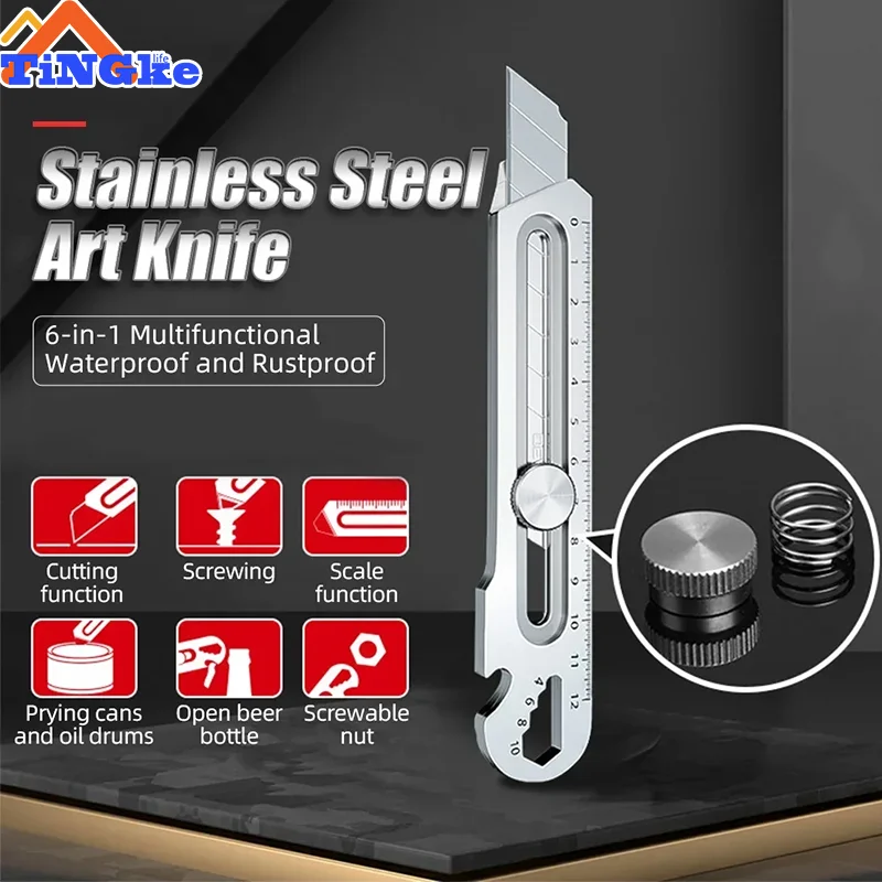 6 In 1 Multi-Function Stainless Utility Knife Tail Break Design/Ruler/Bottle Opener Retractable Box Cutter Art Supplies