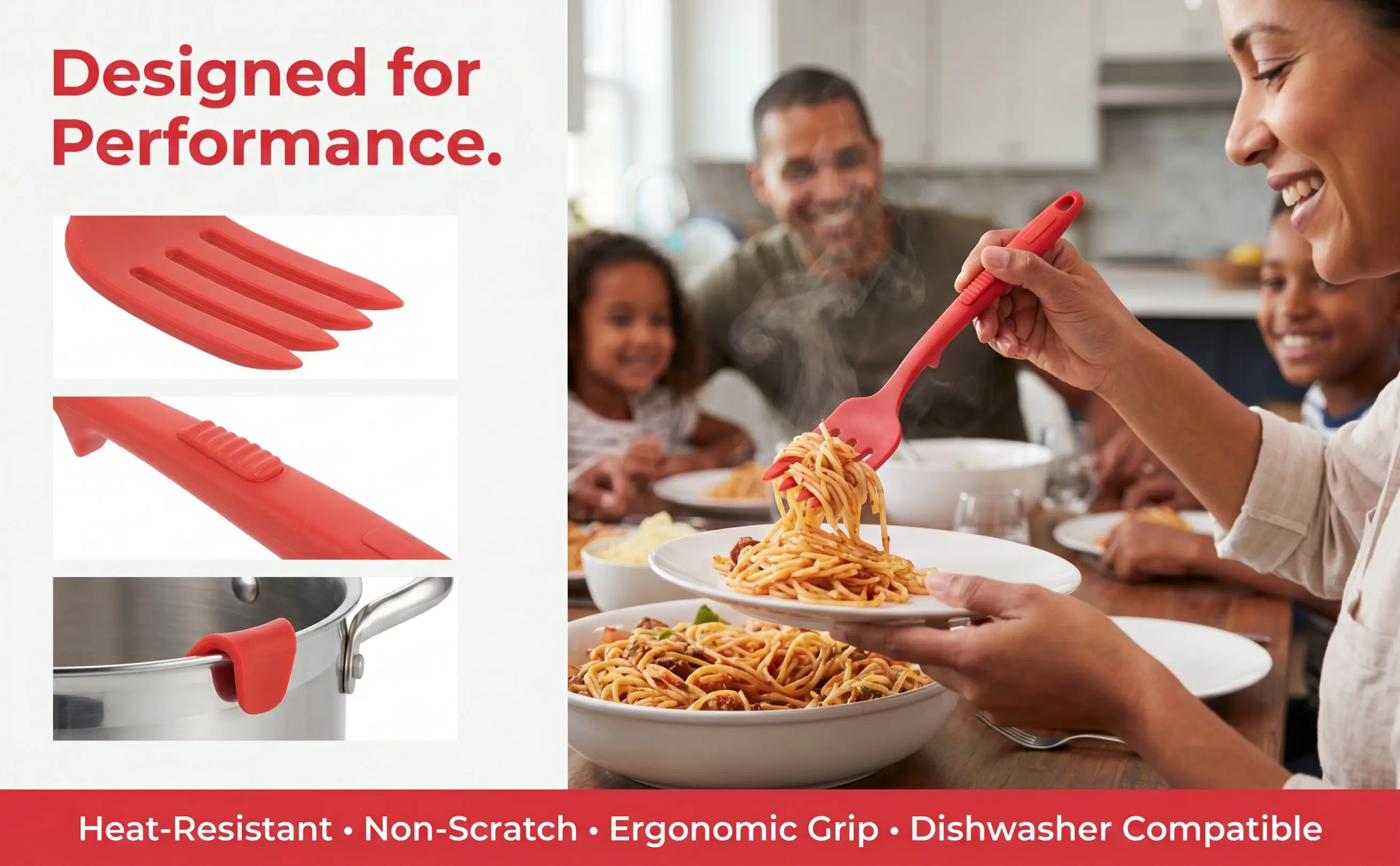 Large Silicone Cooking Fork – Heat-Resistant Non-Stick Pasta Server for Spaghetti, Noodles & Salad Mixing