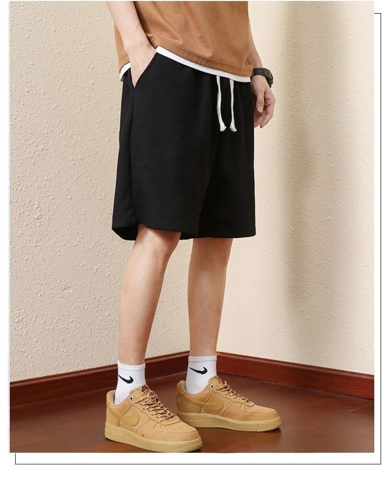 Einfarbige Sommer-Waffelshorts für Herren für lässige, lockere, atmungsaktive, dünne, Basketballsportarten, kurze Shorts, Strandhosen – Detail 5