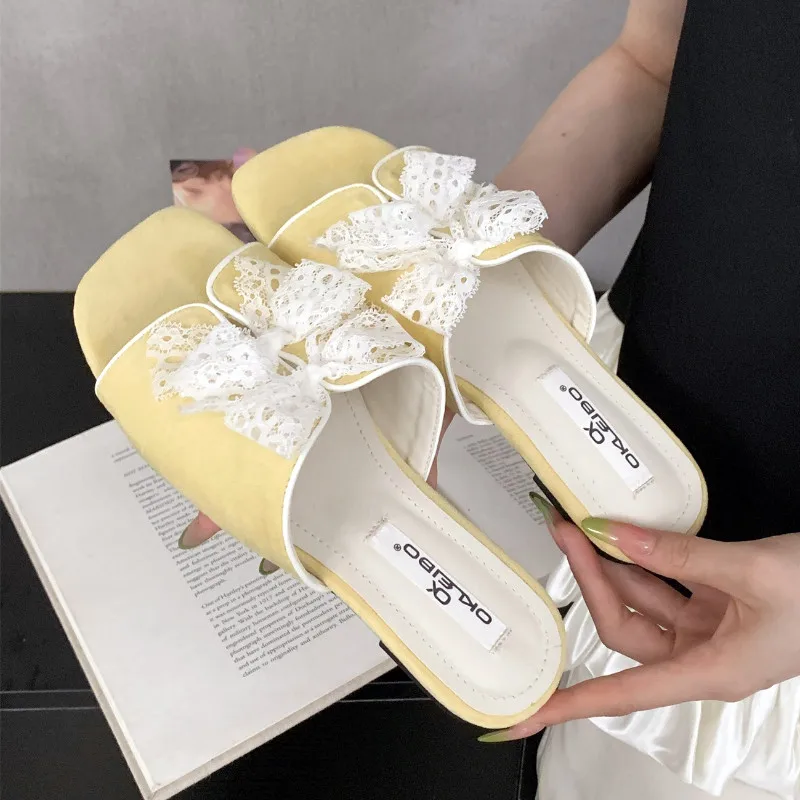 

Винтажные женские шлепанцы с кружевным бантом, модные туфли с квадратным носком в горошек, на мягкой подошве, летние комфортные пляжные сандалии