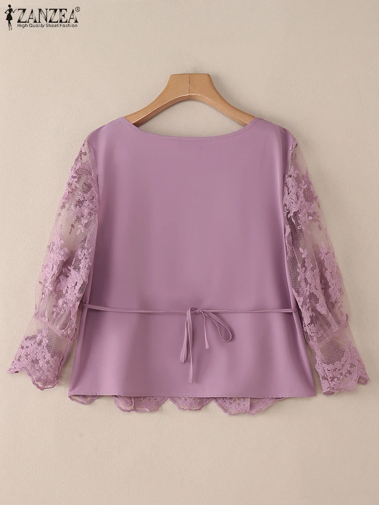 ZANZEA Autunno Elegante Camicetta da donna Maglia Patchwork Camicie See-through Casual Top 2025 Manica a lanterna Pizzo Office Lady OL Blusas