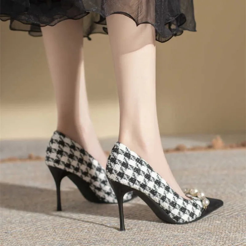 New Women High Heels Dress Houndstooth Pumps Black Toe Costume Tweed Boat Pearls Designer Shoes Dress Work Shoes