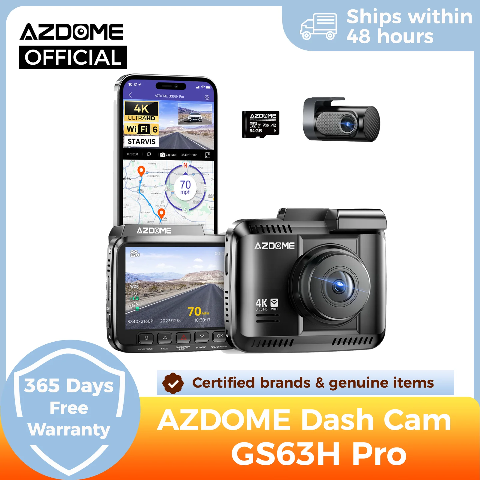AZDOME Dashcam GS63H Pro 4K + 1080P Zweikanal-Aufnahme ADAS 2,4'' IPS-Bildschirm GPS WiFi 6 APP 130