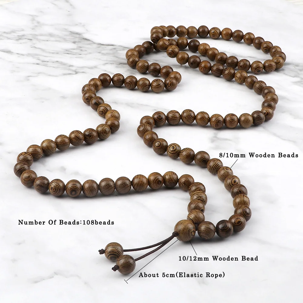 8mm 10mm Natural Wooden 108 Mala Beads Prayer Bracelet For Men Sandalwood Buddhist Buddha Beads Necklace Women Yoga Jewelry Gift