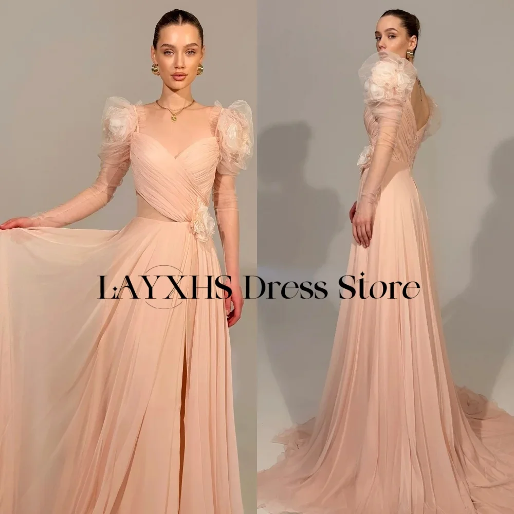 LAYXHS Moda Gola Quadrada Vestidos de Noite A Linha Mangas Compridas Flores Até O Chão Vestido de Baile Personalizado فساتmavera