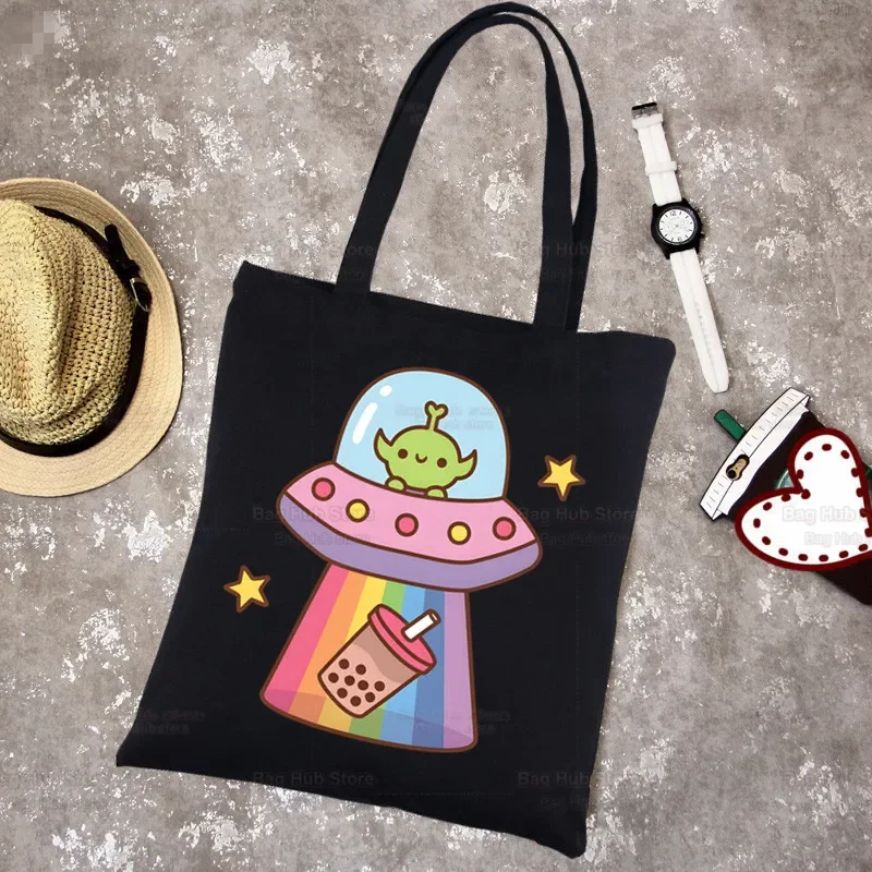 Boba Milk Tea Canvas Black Shopping Cartoon Cute Tote Bag Reusable Shoulder Bubble Tea Cloth Book Bag Gift Handbag