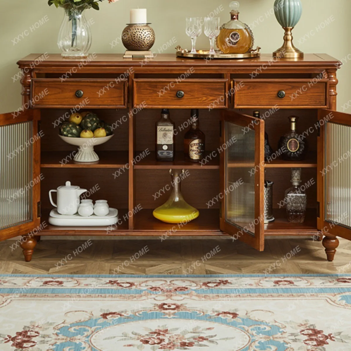 Solid wood dining side cabinet Double-layer shelf against the wall Integrated storage locker Household light luxury