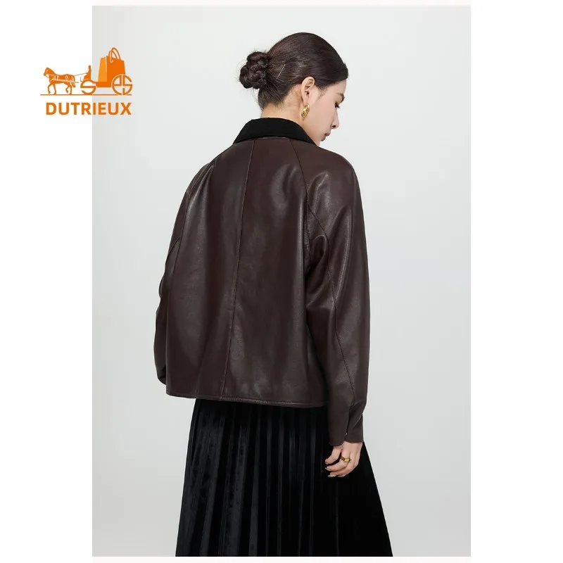 ファッションエレガントな秋冬の豪華な襟付き本革ジャケット女性用、100％本物の羊革、女性用のゆったりとしたカジュアルコート